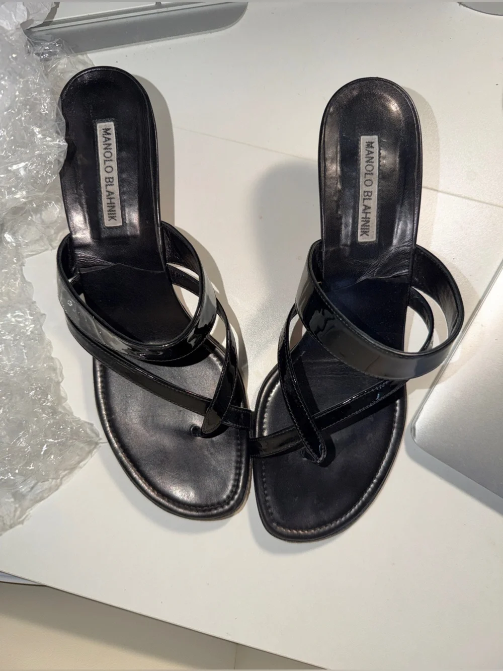 Manolo Blahnik Black Patent Leather Strappy Sandals